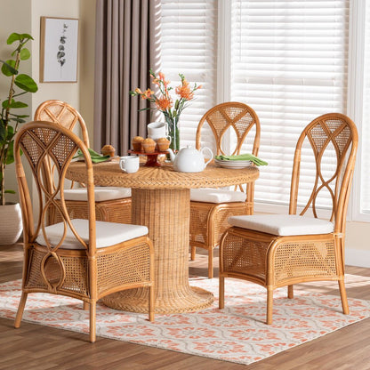 5-Piece Natural Rattan Dining Set, Round Pedestal Table and 4 Chairs