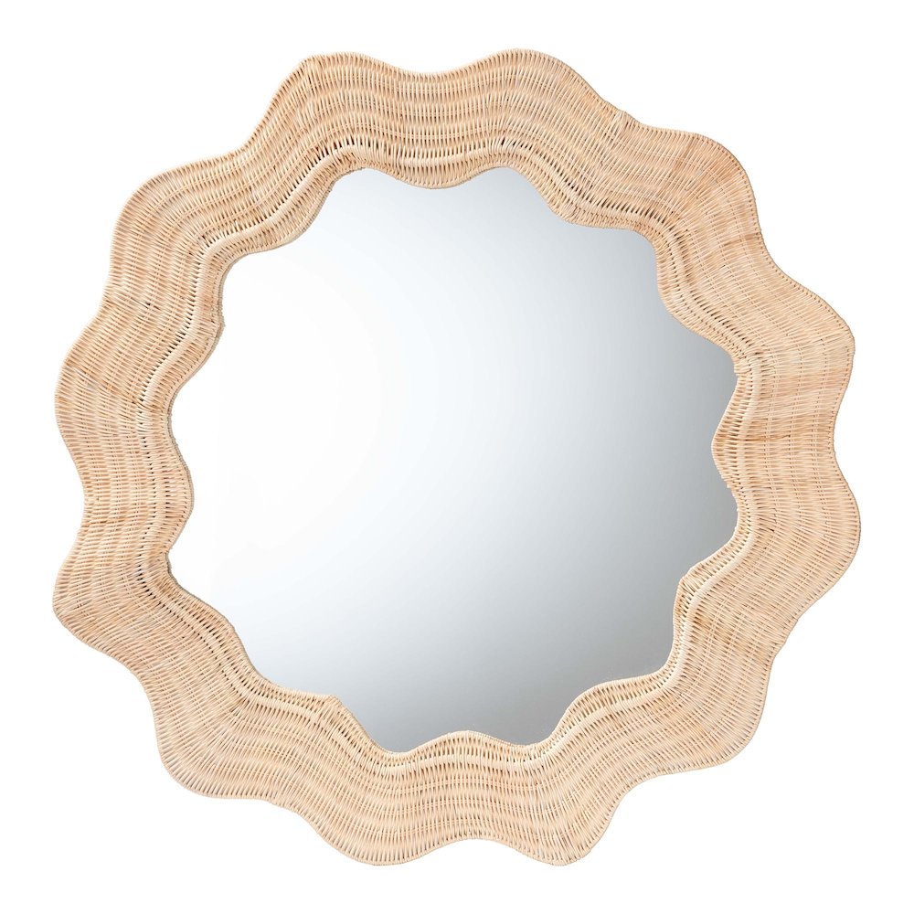 Hasana Coastal Scalloped Natural Rattan Round Accent Wall Mirror