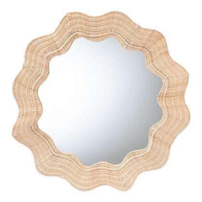 Hasana Coastal Scalloped Natural Rattan Round Accent Wall Mirror
