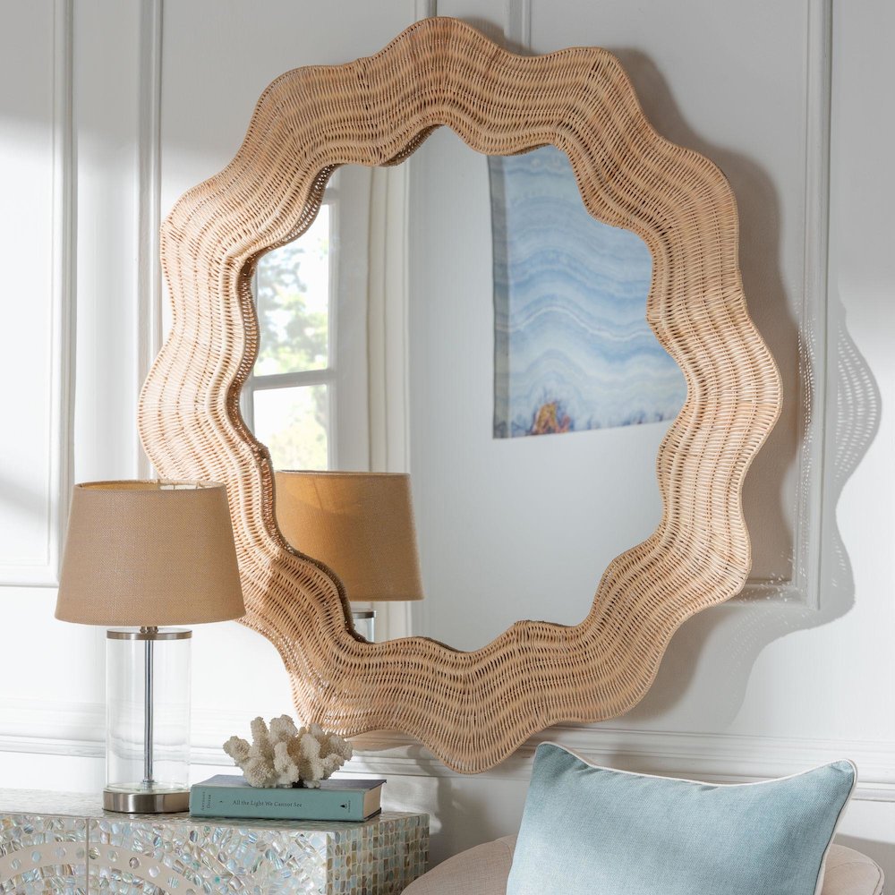 Hasana Coastal Scalloped Natural Rattan Round Accent Wall Mirror