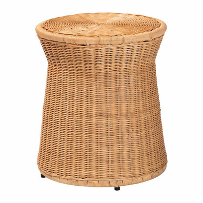 Caroline Round Natural Rattan End Table - Handwoven Wicker Drum Shape