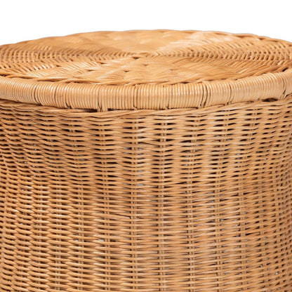 Caroline Round Natural Rattan End Table - Handwoven Wicker Drum Shape