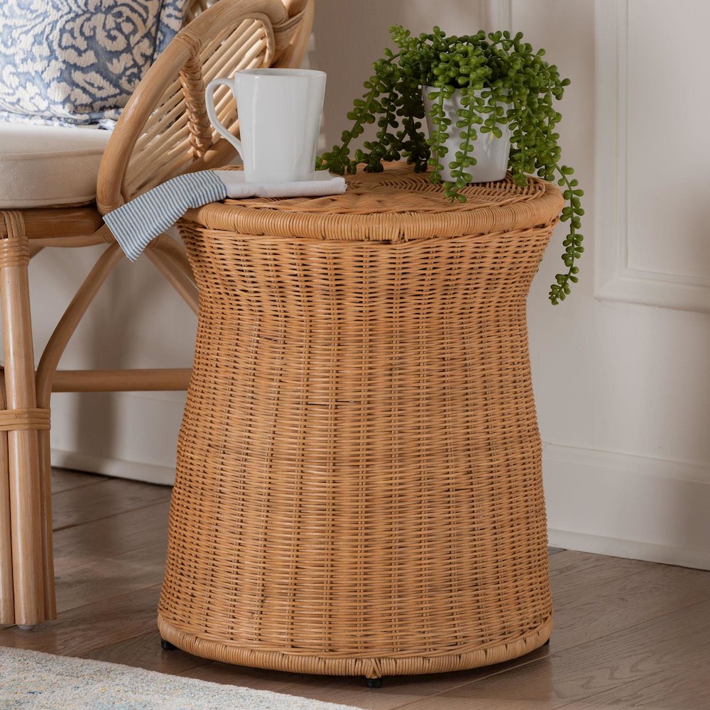 Caroline Round Natural Rattan End Table - Handwoven Wicker Drum Shape