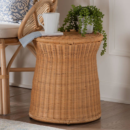 Caroline Round Natural Rattan End Table - Handwoven Wicker Drum Shape