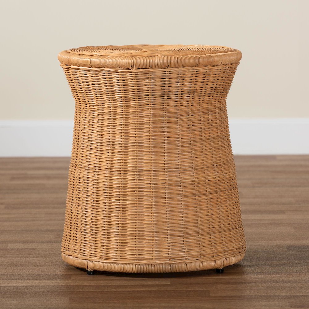 Caroline Round Natural Rattan End Table - Handwoven Wicker Drum Shape