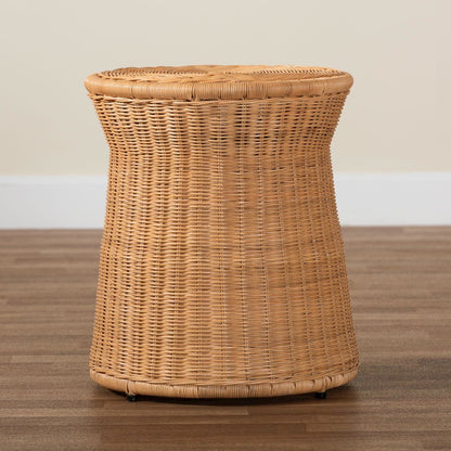 Caroline Round Natural Rattan End Table - Handwoven Wicker Drum Shape