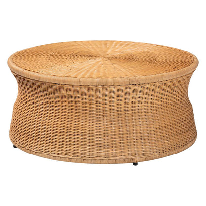 Caroline Round Natural Rattan Coffee Table - Handwoven Wicker Drum Shape