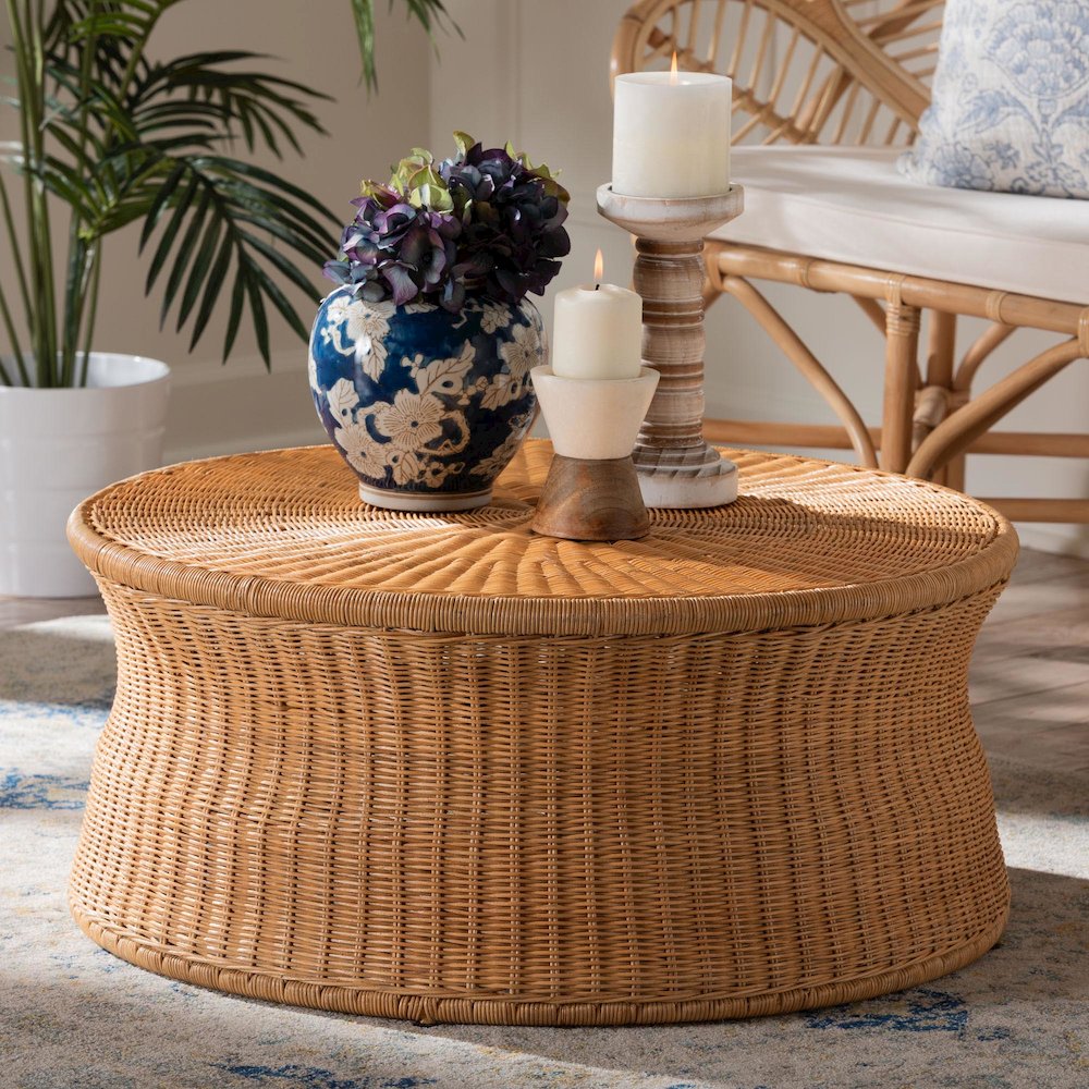Caroline Round Natural Rattan Coffee Table - Handwoven Wicker Drum Shape