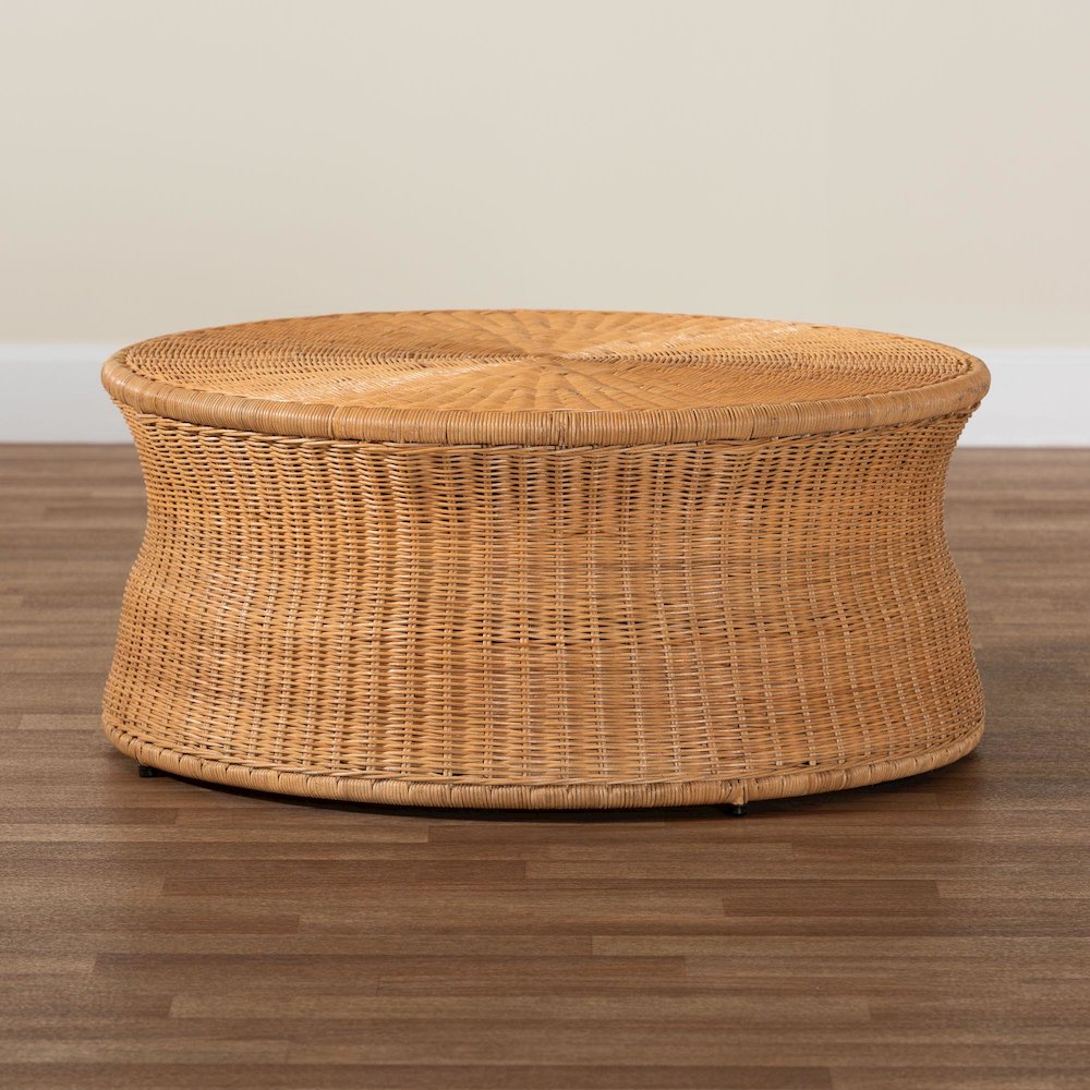 Caroline Round Natural Rattan Coffee Table - Handwoven Wicker Drum Shape