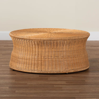 Caroline Round Natural Rattan Coffee Table - Handwoven Wicker Drum Shape