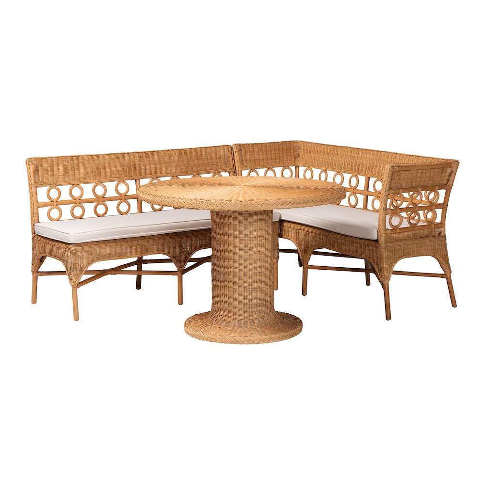 Monica Bohemian Light Honey Rattan 3-Piece Dining Nook Set