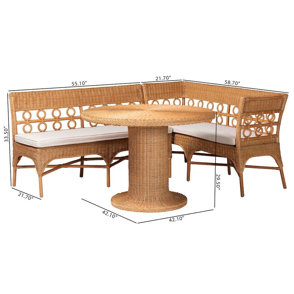 Monica Bohemian Light Honey Rattan 3-Piece Dining Nook Set