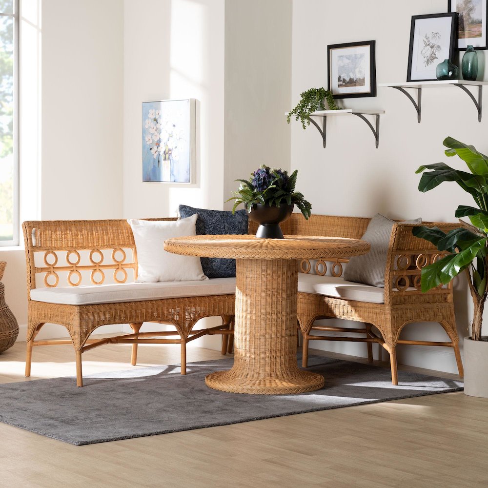 Monica Bohemian Light Honey Rattan 3-Piece Dining Nook Set