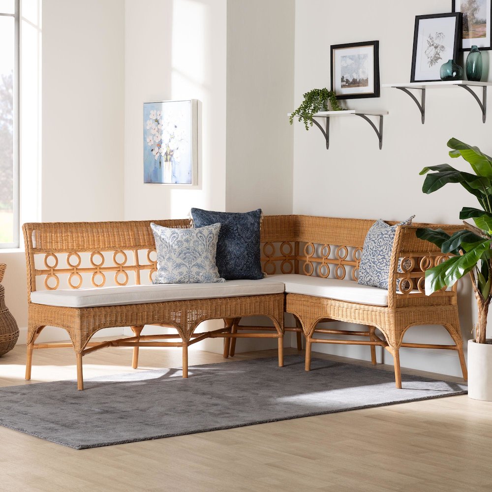 Oxford Bohemian Light Honey Rattan 2-Piece Dining Nook Bench Set