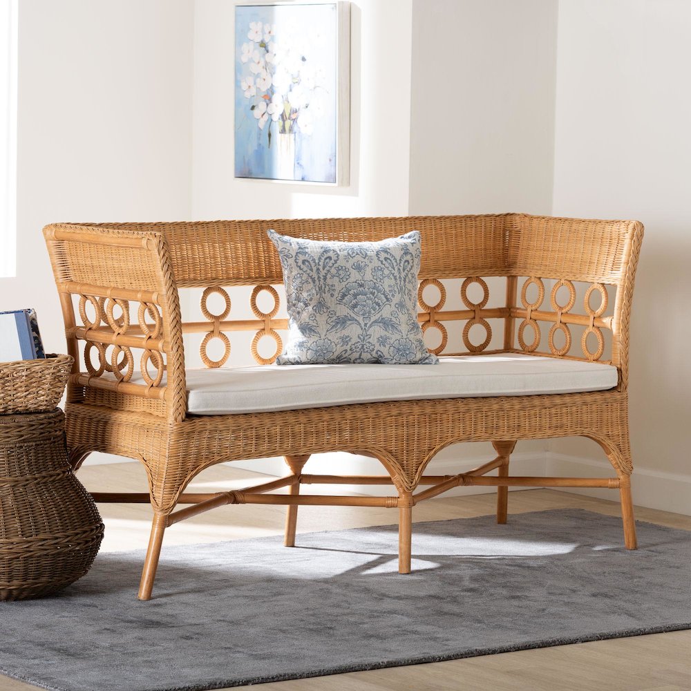Oxford Bohemian Light Honey Rattan Dining Bench with Armrests