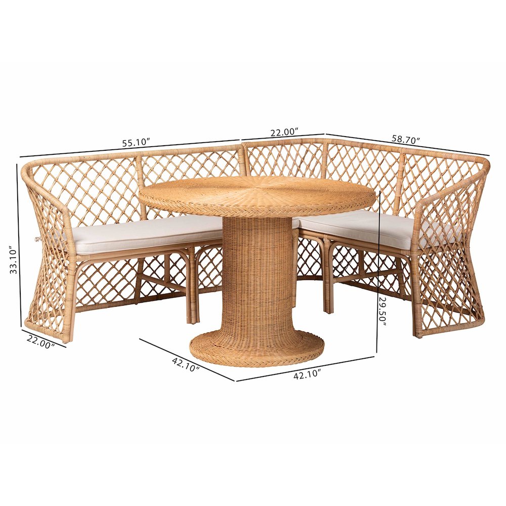 Ellard Bohemian Light Honey Rattan 3-Piece Dining Nook Set