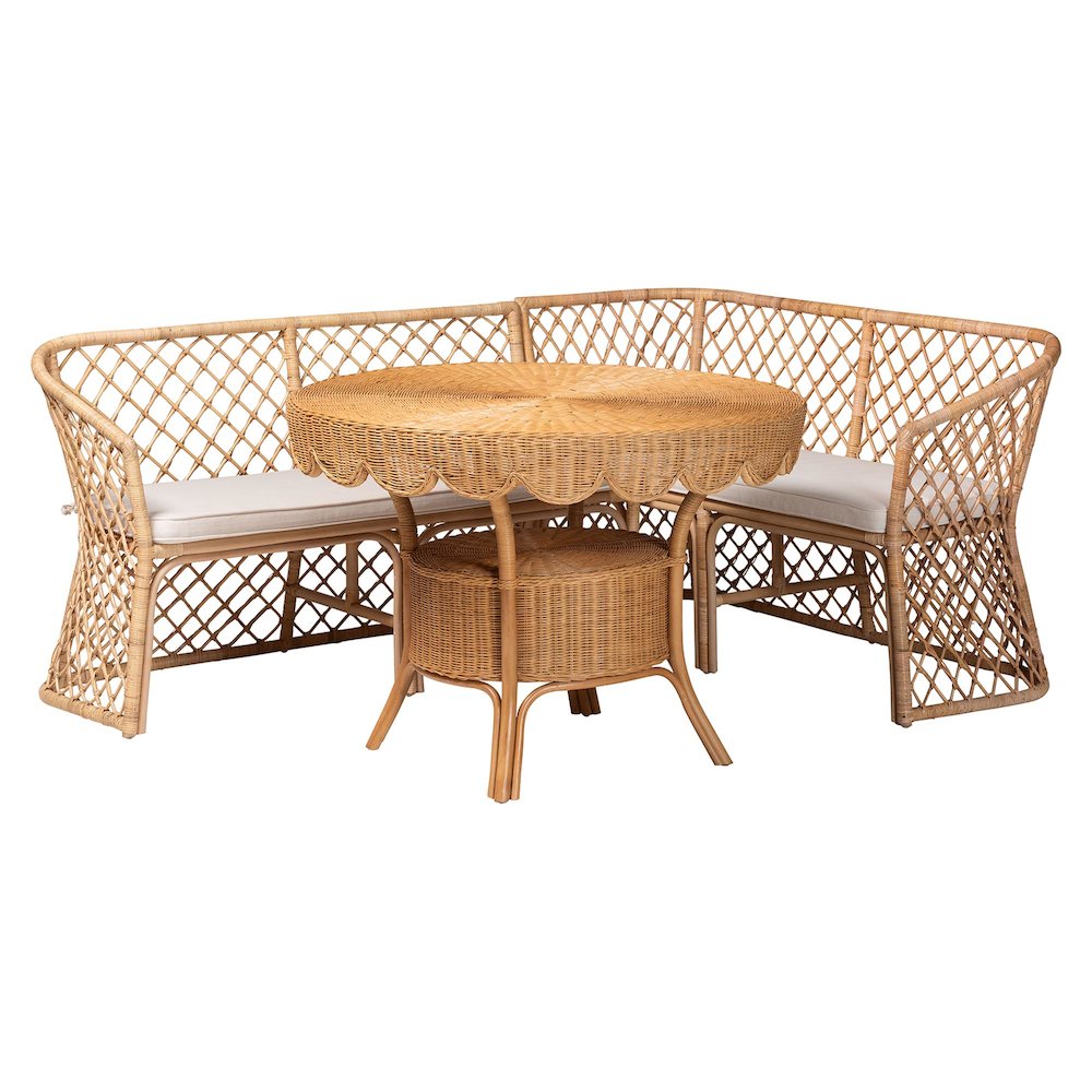 Frayne Bohemian Light Honey Rattan 3-Piece Dining Nook Set