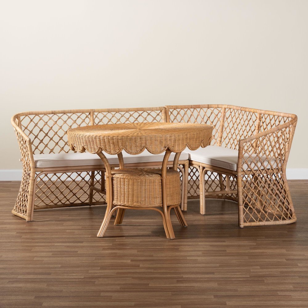 Frayne Bohemian Light Honey Rattan 3-Piece Dining Nook Set
