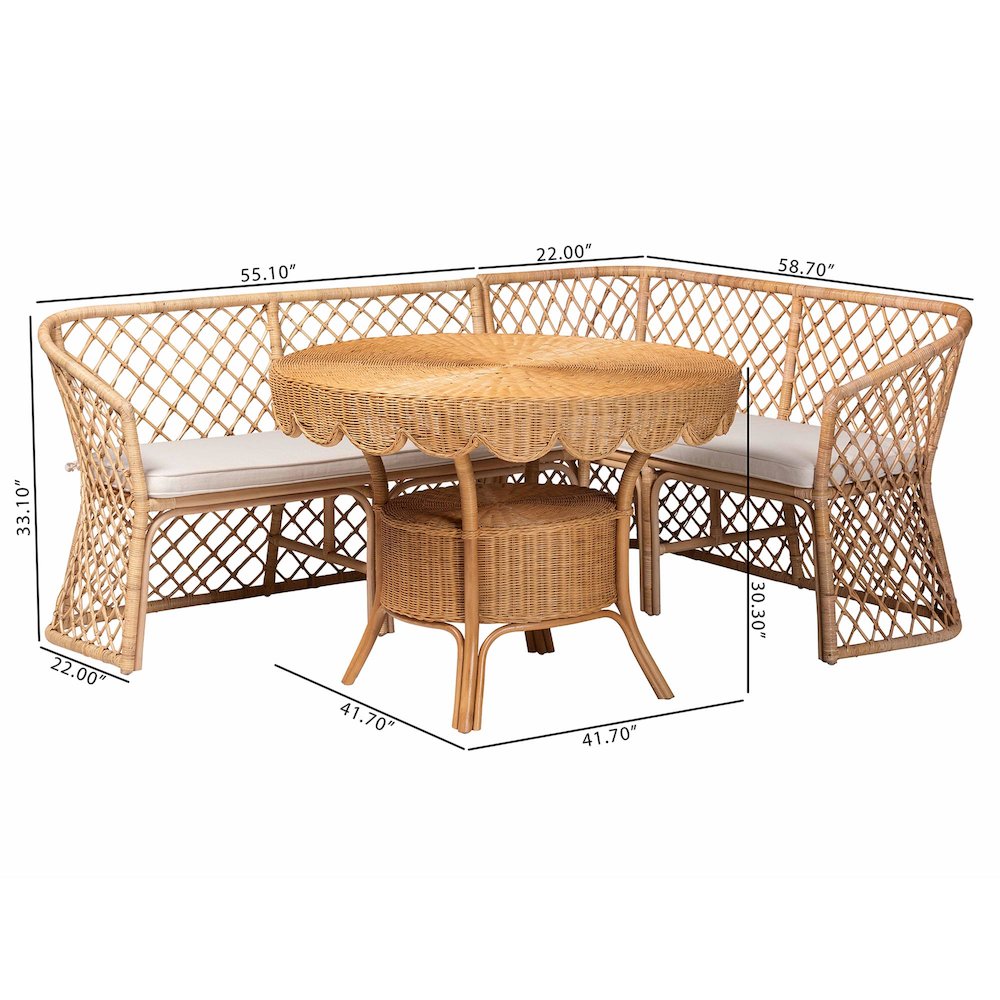 Frayne Bohemian Light Honey Rattan 3-Piece Dining Nook Set