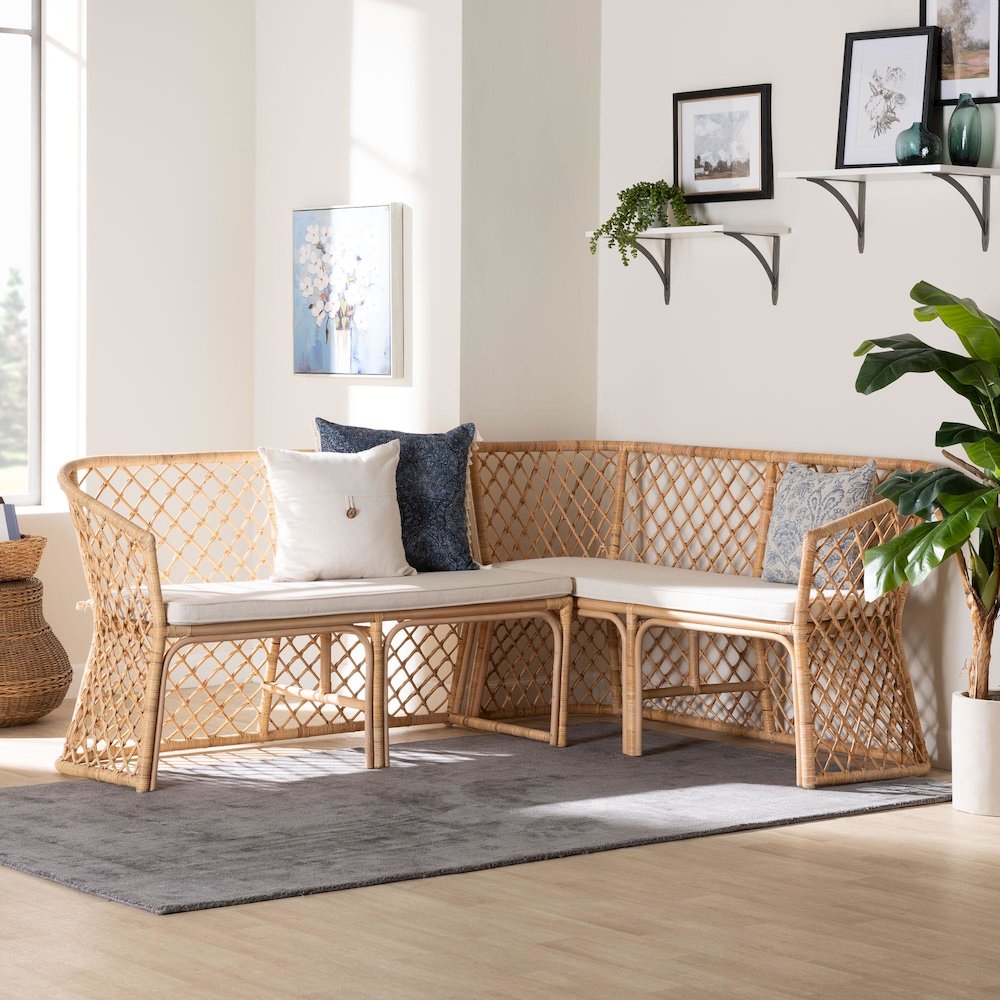 Aysi Bohemian Light Honey Rattan 2-Piece Dining Nook Bench Set