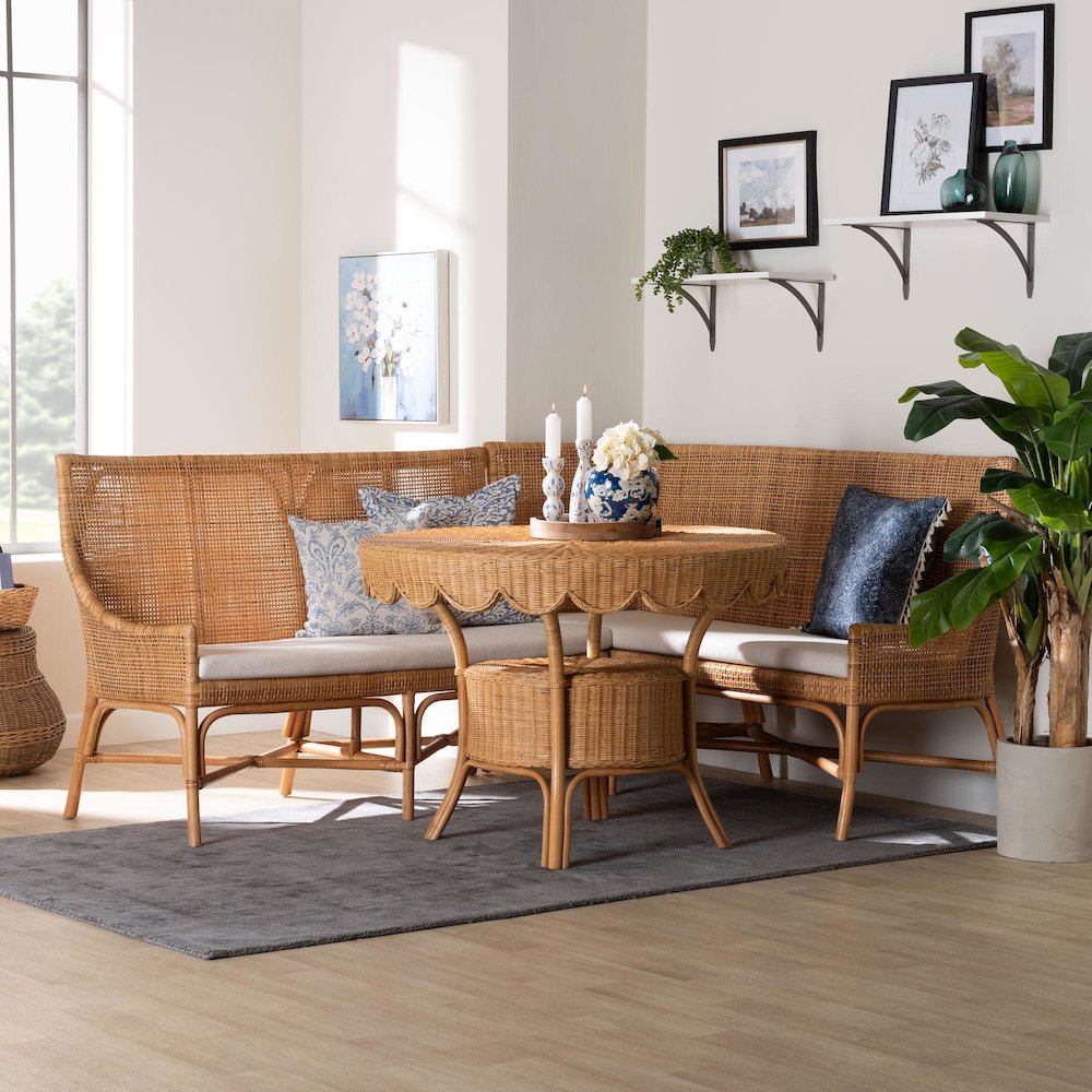 Olivera Bohemian Light Honey Rattan 3-Piece Dining Nook Set