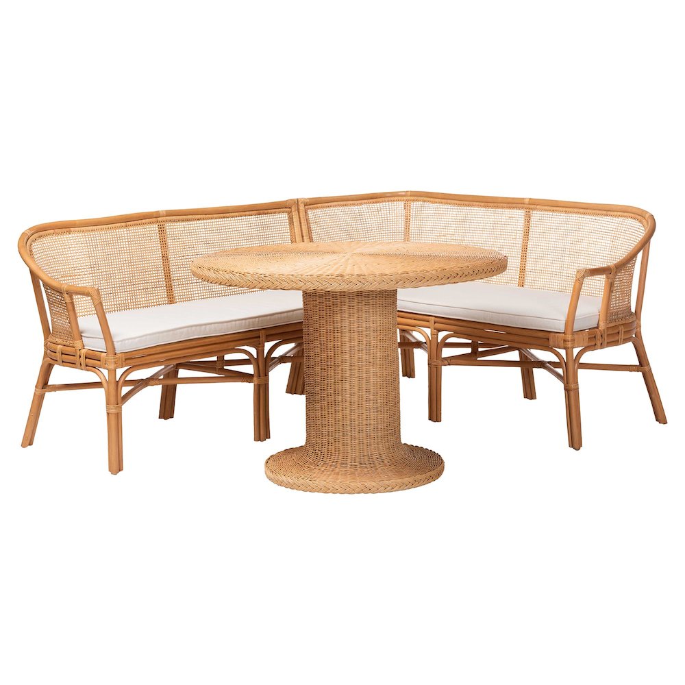 Aara 3-Piece Natural Rattan Dining Nook Set - L-Shaped Corner Bench