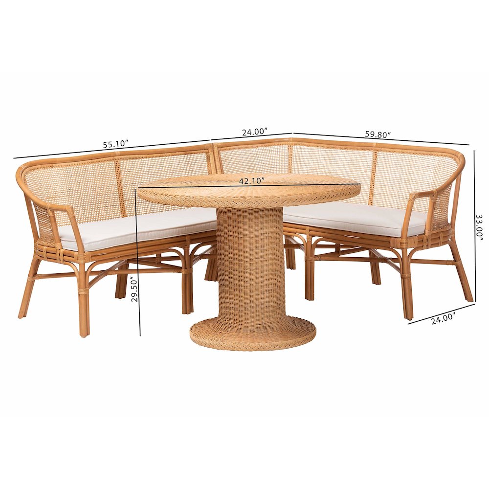 Aara 3-Piece Natural Rattan Dining Nook Set - L-Shaped Corner Bench