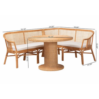 Aara 3-Piece Natural Rattan Dining Nook Set - L-Shaped Corner Bench