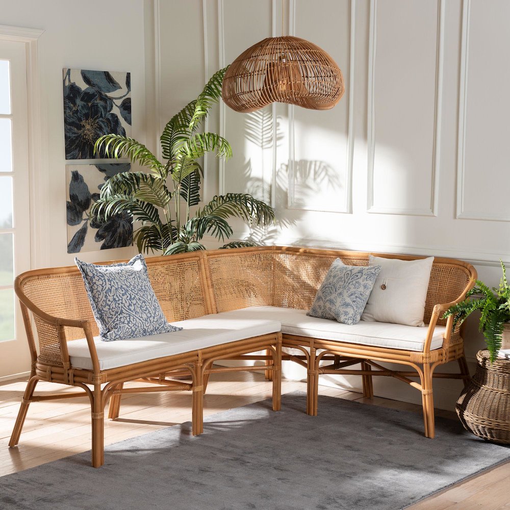 Adede 2-Piece Natural Rattan Corner Bench Set - Handwoven Wicker L-Shaped