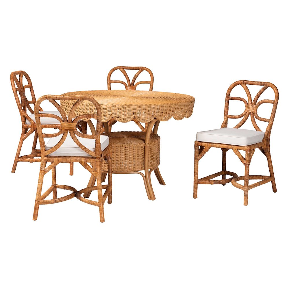 5-Piece Dining Set -Round Wicker Table, Scallop Edge, 4 Side Chairs, Light Honey