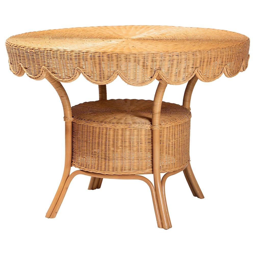 5-Piece Dining Set -Round Wicker Table, Scallop Edge, 4 Side Chairs, Light Honey