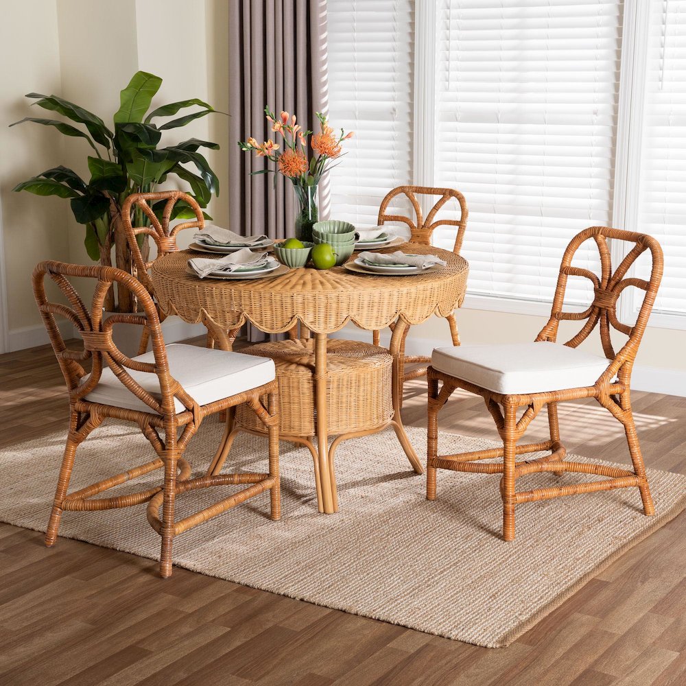5-Piece Dining Set -Round Wicker Table, Scallop Edge, 4 Side Chairs, Light Honey