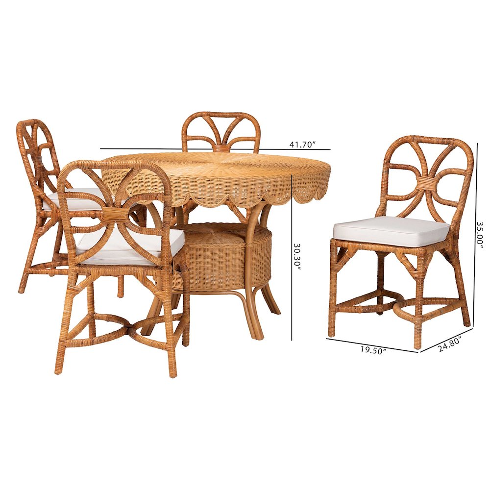 5-Piece Dining Set -Round Wicker Table, Scallop Edge, 4 Side Chairs, Light Honey