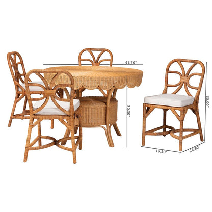 5-Piece Dining Set -Round Wicker Table, Scallop Edge, 4 Side Chairs, Light Honey