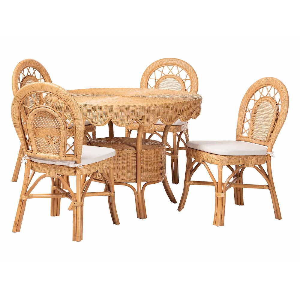5-Piece Natural Rattan Dining Set, Round Table, 4 Curved Back Chairs