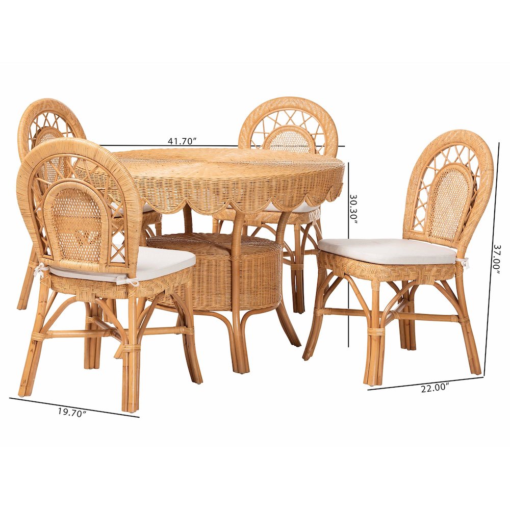 5-Piece Natural Rattan Dining Set, Round Table, 4 Curved Back Chairs
