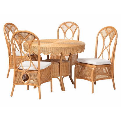 5-Piece Natural Rattan Dining Set with Round Scalloped Edge Table and 4 Chairs