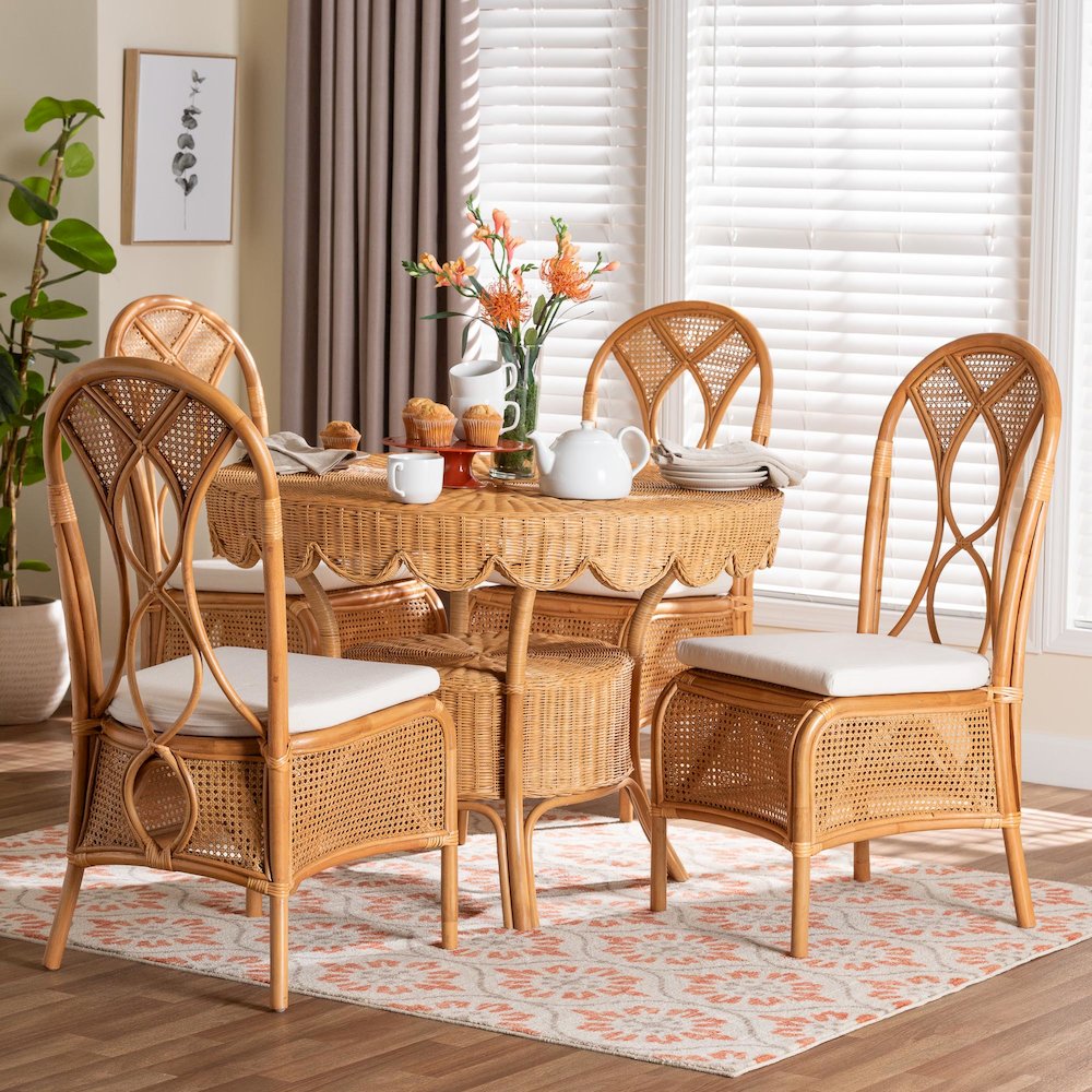 5-Piece Natural Rattan Dining Set with Round Scalloped Edge Table and 4 Chairs