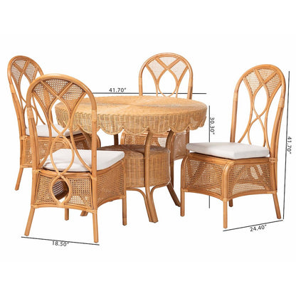 5-Piece Natural Rattan Dining Set with Round Scalloped Edge Table and 4 Chairs