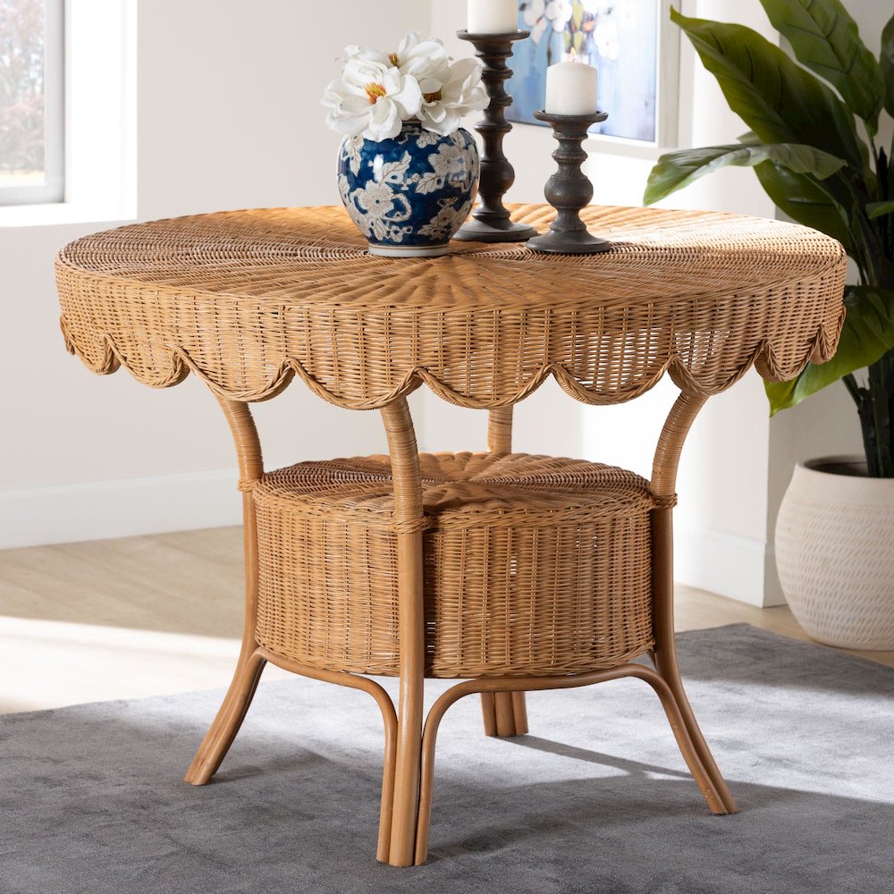 Abena Bohemian Scalloped Light Honey Rattan Dining Table