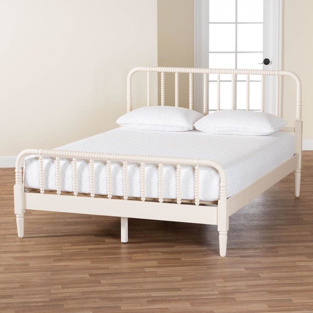 Braith Farmhouse Ivory Spindle Wood Queen Size Platform Bed