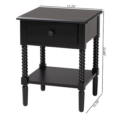 Braith Farmhouse Black Spindle Wood 1-Drawer Nightstand