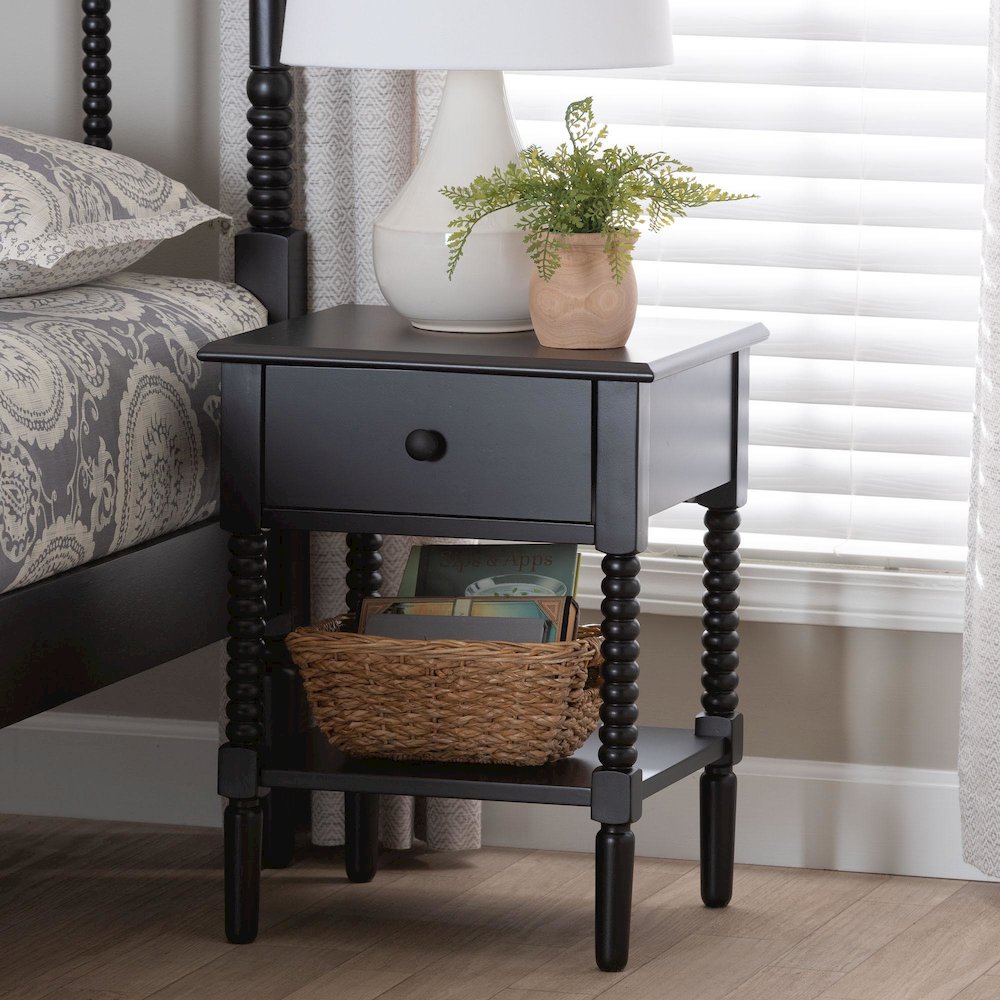 Braith Farmhouse Black Spindle Wood 1-Drawer Nightstand