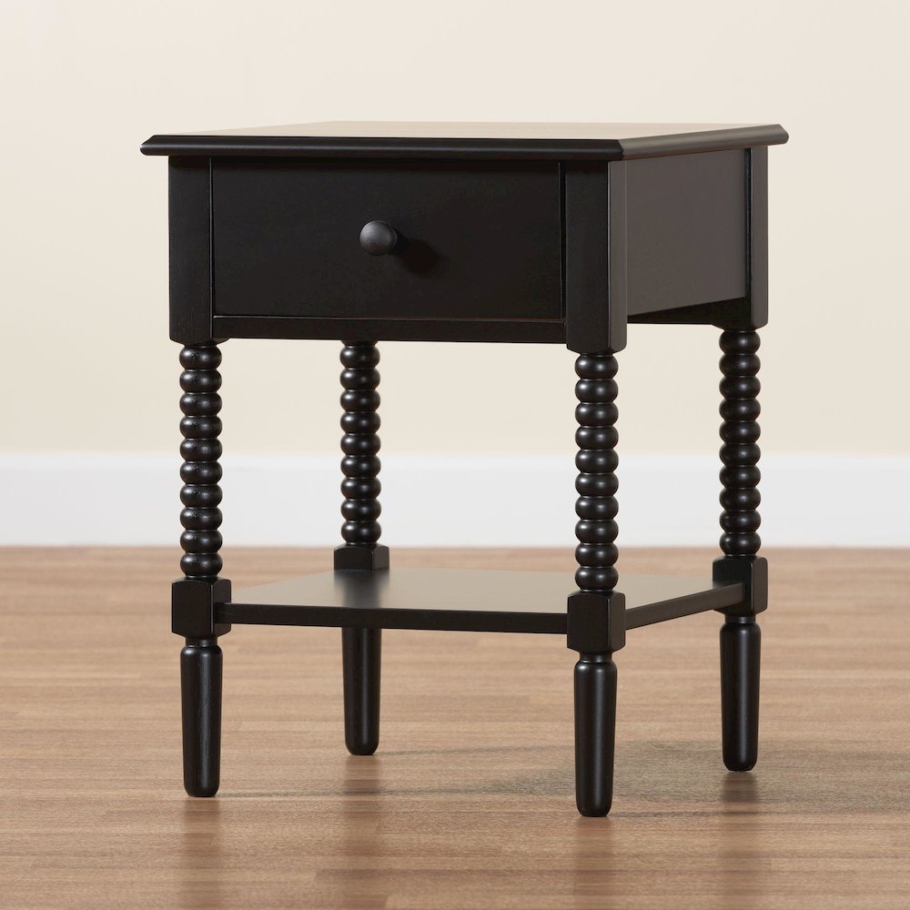 Braith Farmhouse Black Spindle Wood 1-Drawer Nightstand
