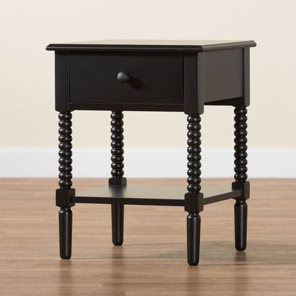 Braith Farmhouse Black Spindle Wood 1-Drawer Nightstand