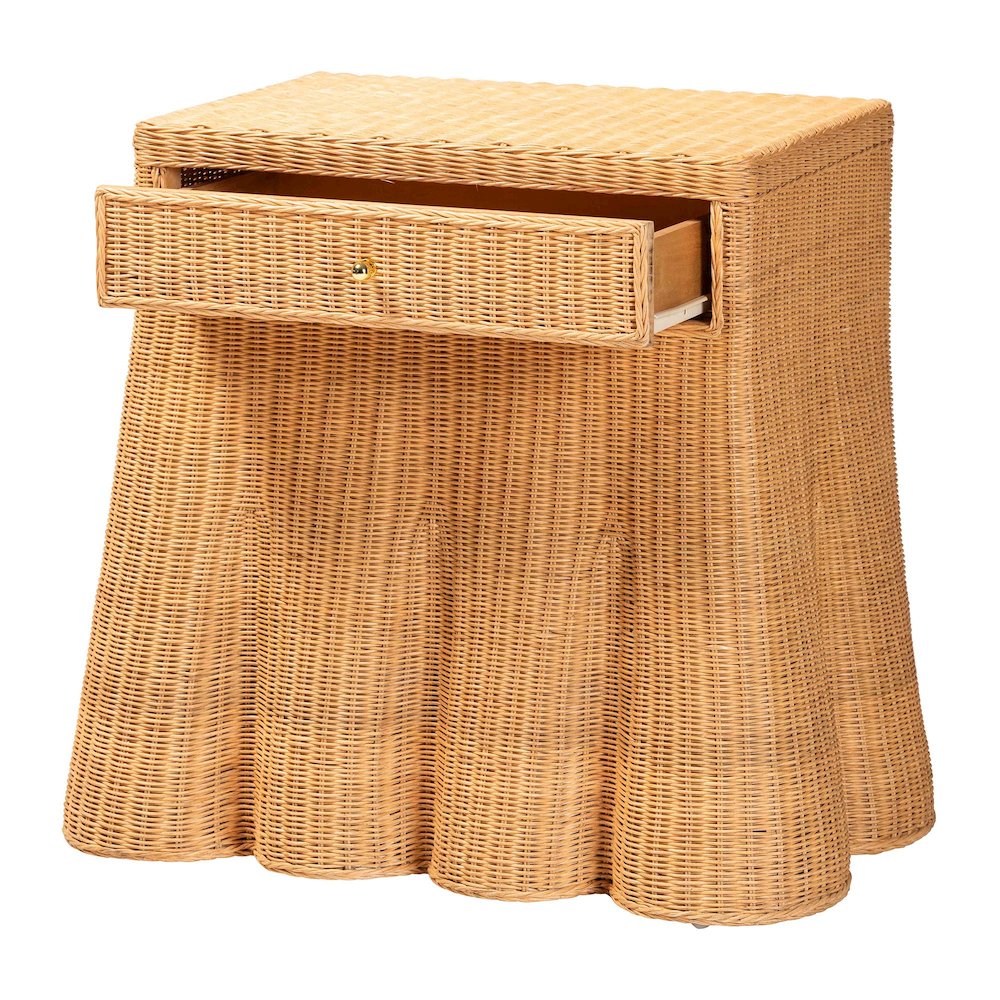 Scalloped Natural Rattan Console Table with Drawer, Rectangle