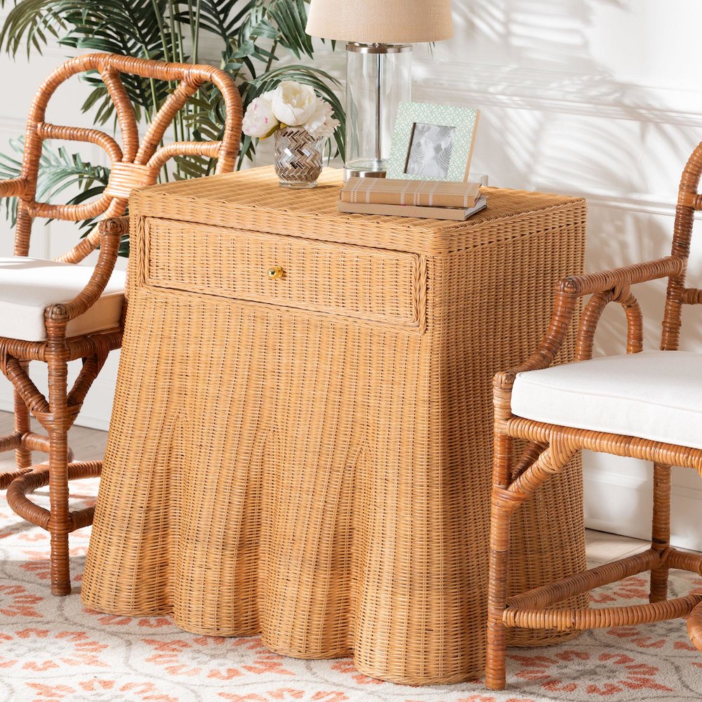 Scalloped Natural Rattan Console Table with Drawer, Rectangle