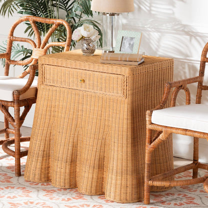 Scalloped Natural Rattan Console Table with Drawer, Rectangle