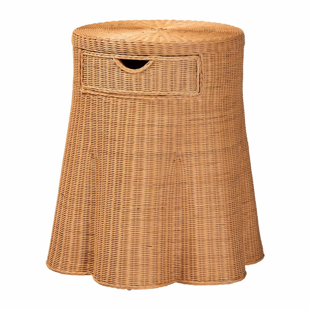Scalloped Natural Rattan Console Table with Drawer, Round