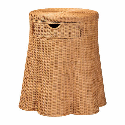 Scalloped Natural Rattan Console Table with Drawer, Round